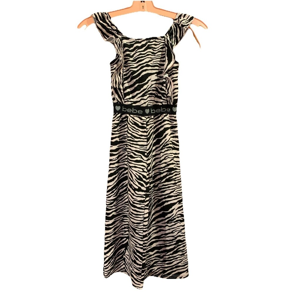 Bebe Girls Jumpsuit Sz Medium (5/6) Black & Pink Zebra Print Logo Stretchy  EUC
